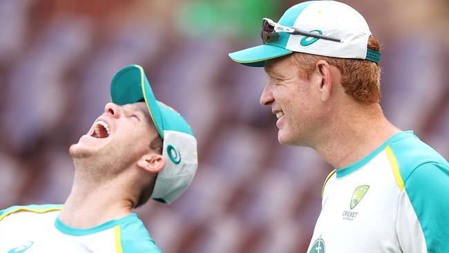 Steve Smith shares a laugh with Australia’s interim coach Andrew McDonald.