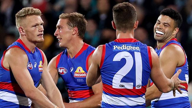 ADELAIDE, AUSTRALIA - MAY 15: Jason Johannisen of the Bulldogs celebrates a goal during the 2021 AFL Round 09 match between the Port Adelaide Power and the Western Bulldogs at Adelaide Oval on May 15, 2021 in Adelaide, Australia. (Photo by James Elsby/AFL Photos via Getty Images)