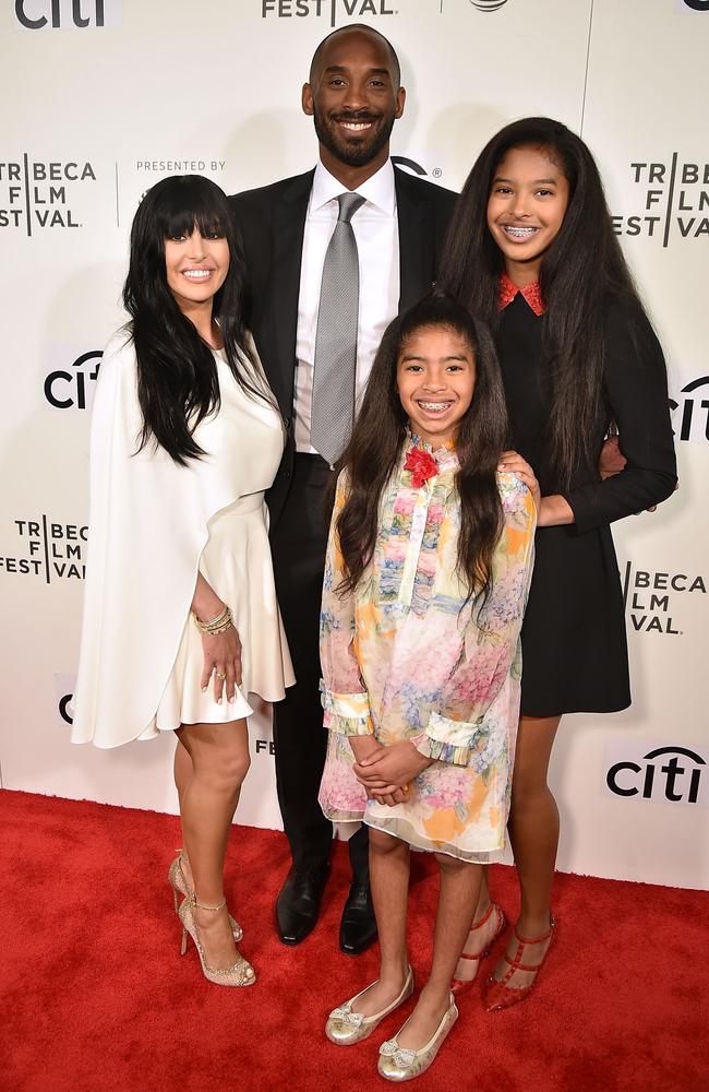 Natalia Bryant (right) in 2017 with her mum Vanessa, dad Kobe and sister Gianna, who also died in the 2020 plane crash. Picture: Theo Wargo/Getty Images