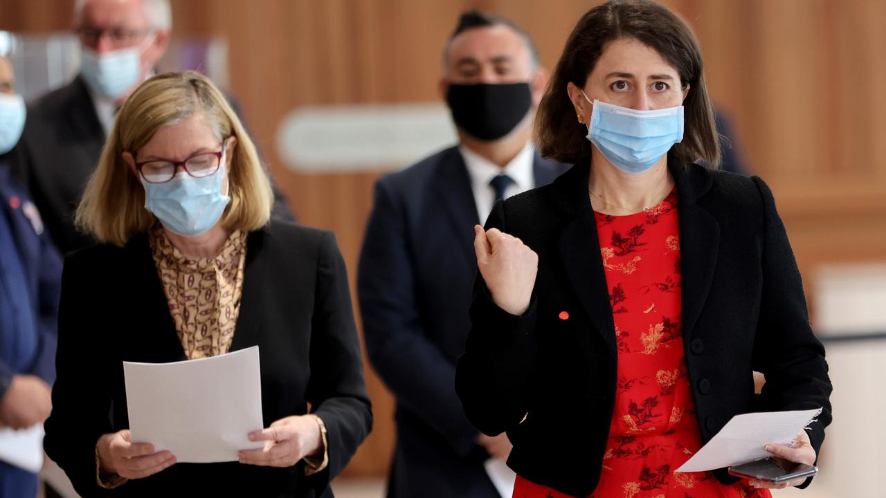 The pandemic brought female leadership to the fore: NSW chief health officer Dr Kerry Chant (left) and former NSW Premier Gladys Berejiklian pictured at a Covid-19 update press conference last year. Picture: NCA NewsWire / Damian Shaw