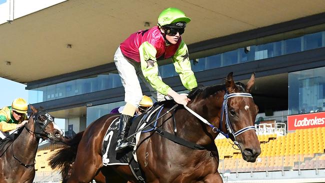 Knights Choice bolts in at Doomben for Sunshine Coast trainers John Symons and Sheila Laxon. Picture: Grant Peters - Trackside Photography