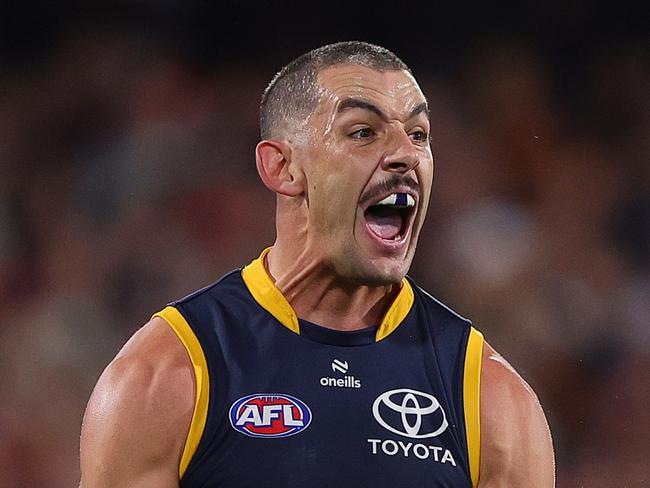 ADELAIDE, AUSTRALIA - APRIL 19: Taylor Walker of the Crows celebrates a goal during the 2024 AFL Round 06 match between the Adelaide Crows and the Essendon Bombers at Adelaide Oval on April 19, 2024 in Adelaide, Australia. (Photo by Sarah Reed/AFL Photos via Getty Images)