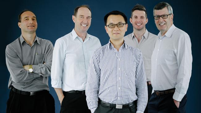 Professor Jian Li, front and centre, with (left to right) associate professor Tony Velkov and professor Philip Thompson, Dr Kade Roberts and professor Roger Nation. Picture: Supplied