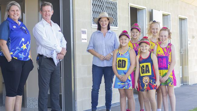 AMENITIES IMPRESS: Capricorn Coast Netball Association's Trina Whitham, Mayor Andy Ireland, and Member for Keppel Brittany Lauga with several Capricorn Coast Netball Association players at the newly opened female amenities at Barmaryee Multi Sports Precinct on Friday. Picture: Contributed