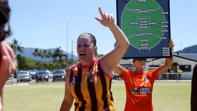 AFL Cairns Women's Semi Final between Hawks and Souths at Watsons Oval. Playing coach Kareena White giving the orders. PICTURE: STEWART MCLEAN