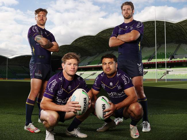 MELBOURNE, AUSTRALIA - September 11 , 2023. NRL . Melbourne Storms Cam Munster, Harry Grant, Jahrome Hughes and Christian Welch are ready for business ahead of Storm's home semi-final against the Roosters this Friday at AAMI Stadium .  Photo by Michael Klein.