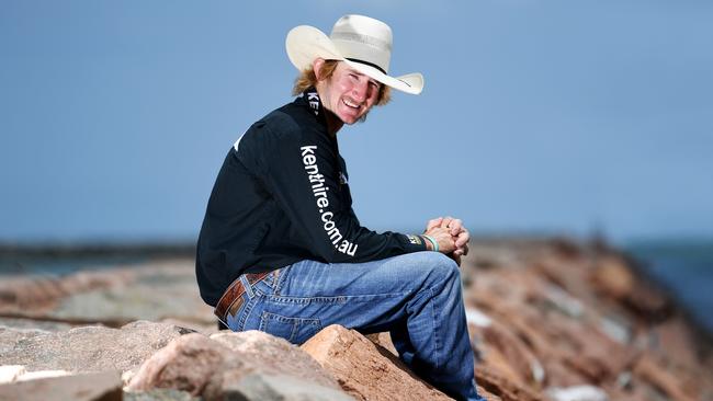 Reigning PBR Australia national champion Aaron Kleier outside the Townsville Entertainment and Convention Centre. Picture: Shae Beplate.