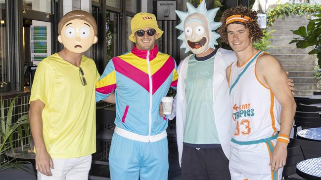 (from left to right) Will McLachlan, Jarryd Lyons, Noah Answerth and Luke Beecken at the Boundary Hotel on Monday afternoon (Photo by Richard Walker)