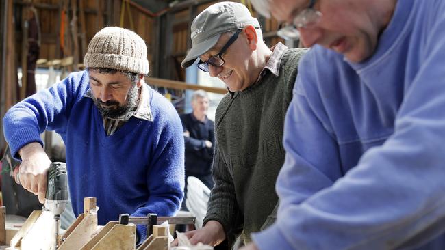 Lon Cauchi, Steve Iles and Doug Pattison. TasWeekend Feature Story on new era of Wooden Boat School/Shed at Franklin.