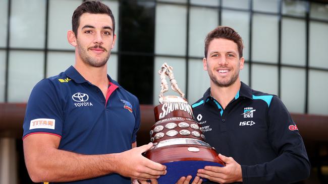 No Showdowns on the Friday Night Football stage next season, but there will be plenty of exposure in the premier AFL timeslot for Crows captain Taylor Walker, left, and Power skipper Travis Boak and their clubs next year with six “FNF” games for the SA-based AFL clubs. Picture: Sarah Reed