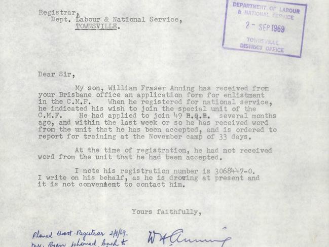 A letter by Senator Anning’s father, appearing to express concern that his son has gone droving and would be delayed in filling out his acceptance into the Citizen Military Forces. Picture: Supplied