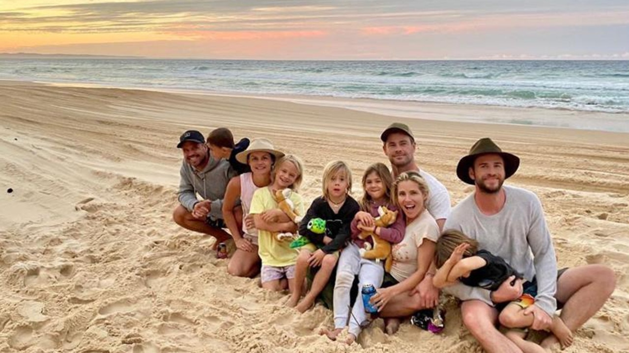 Chris and Liam Hemsworth with Elsa Pataky and friends Luke and April Munro at Rainbow Beach. Picture:Instagram/@aprilmun