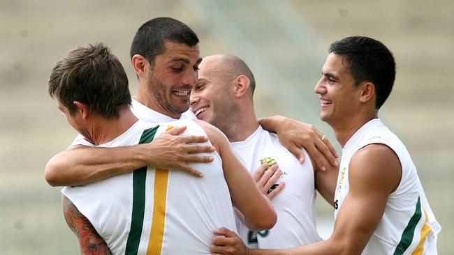 Socceroos legends (from left) Harry Kewell, John Aloisi, Marco Bresciano and Tim Cahill train for the Asian Cup in 2007. Photo: Peter Wallis