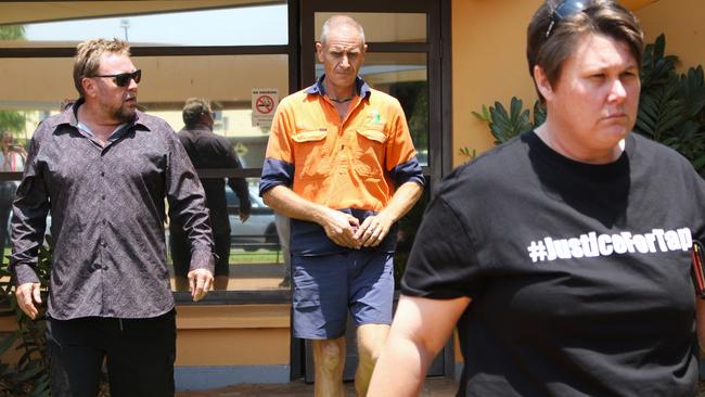 Meth dealer Adam Vanstone (centre) leaves the Katherine Local Court after giving evidence at an inquest into the death of his business partner Shane Tapp. Picture: Jason Walls