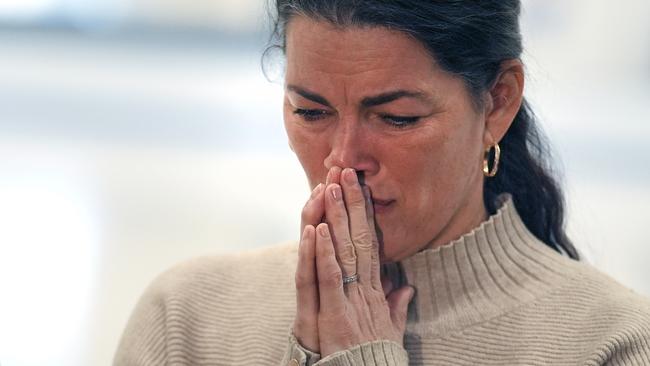 Former Olympic skater Nancy Kerrigan pauses while addressing the media. AP Photo/Charles Krupa.