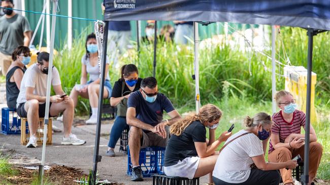 The queue at the walk-in Covid testing centre at Prince of Wales Hospital in Randwick on Saturday. Picture: Julian Andrews