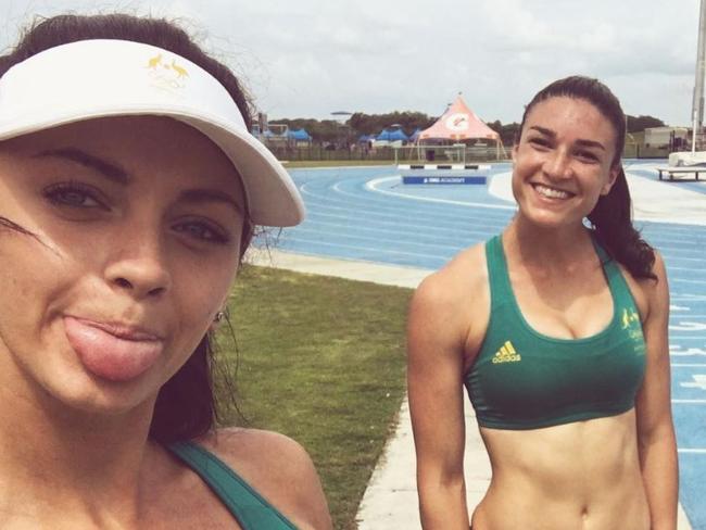 Sprinter Ella Nelson with hurdler Michelle Jenneke on the training track. Picture: Instagram