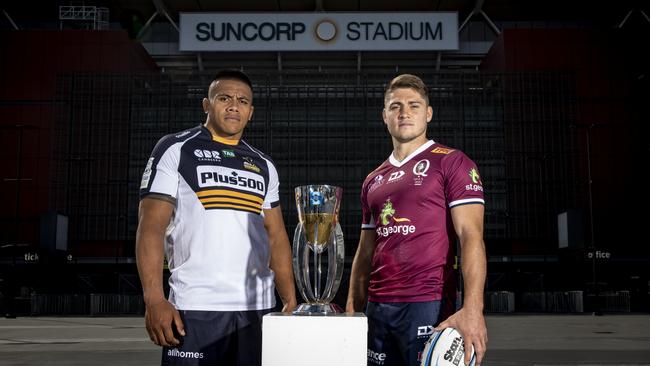 Brumbies captain Allan Alaalatoa (left) and his Reds counterpart James O'Connor are ready for the Super Rugby AU grand final. Picture: Brendan Hertel/QRU