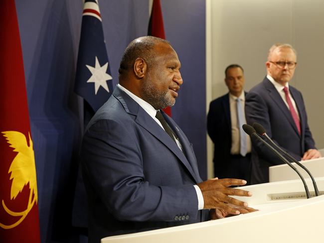 Papua New Guinea Prime Minister James Marape with Australia Prime Minister Anthony Albanese and ARLC chair Peter V'lamdys in the background. Picture: NewsWire