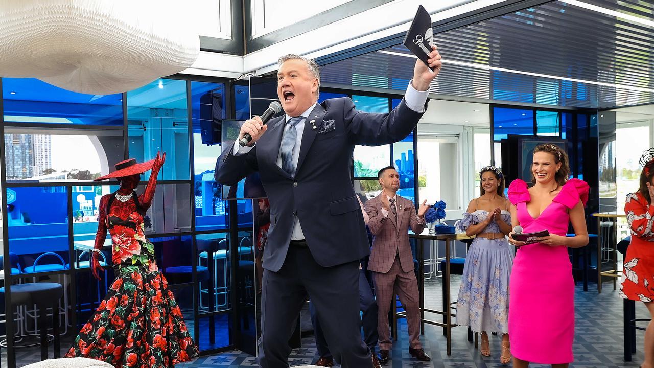 Eddie McGuire fires up the crowd in the Paramount marquee at the Birdcage reveal for the Spring Racing Carnival at Flemington racecourse. Picture NCA NewsWire / Ian Currie