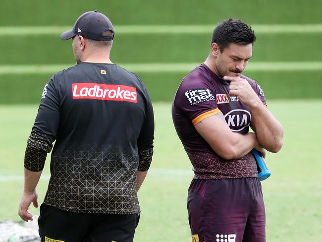 Captain Alex Glenn talking with coach Anthony Seibold, Brisbane Broncos training, Red Hill. Photographer: Liam Kidston.