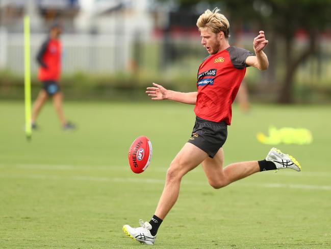 George Horlin-Smith kicks during a Gold Coast Suns AFL training session at Metricon Stadium on May 22, 2020 in Gold Coast, Australia. (Photo by Chris Hyde/Getty Images)