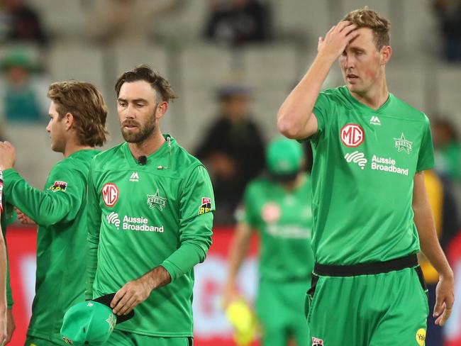 MELBOURNE, AUSTRALIA - JANUARY 26: Glenn Maxwell (c) of the Stars is seen after losing the Big Bash League match between the Melbourne Stars and the Sydney Sixers at Melbourne Cricket Ground, on January 26, 2021, in Melbourne, Australia. (Photo by Mike Owen/Getty Images)