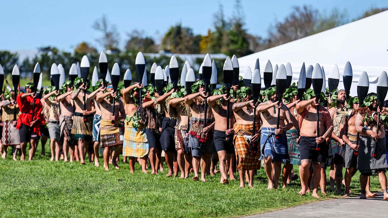 Maori warriors participate in the funeral ceremony of New Zealand's Maori King Tuheitia Pootatau Te Wherowhero VII in Ngaruawahia. (Photo by DJ MILLS / AFP)