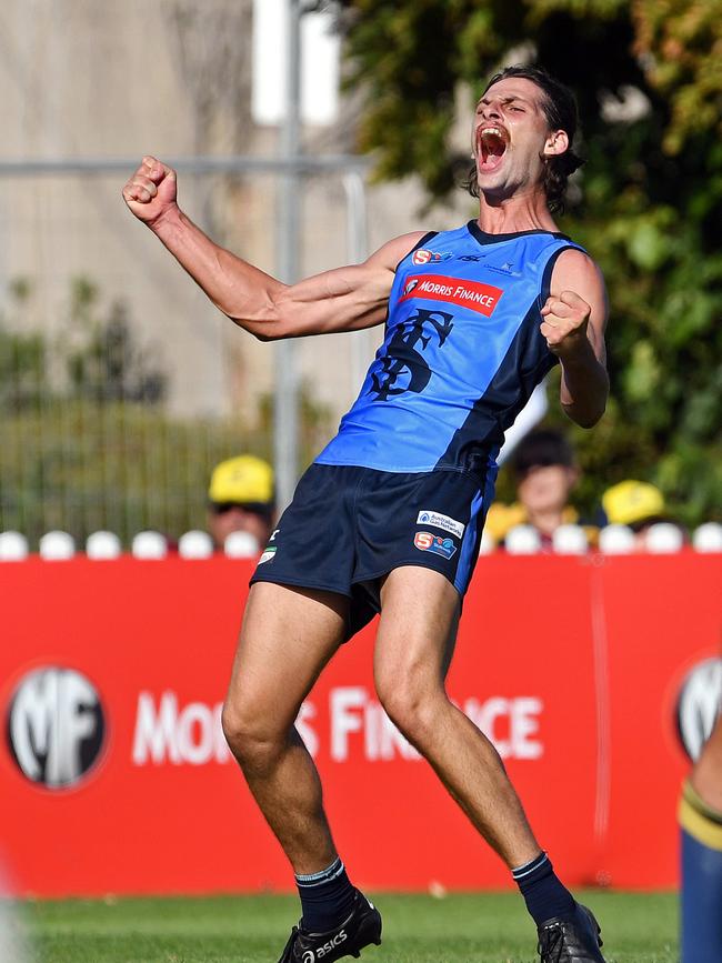 Sturt's Josh Patullo was pretty happy about the Double Blues breaking their home-ground drought against the Eagles. Picture: Tom Huntley