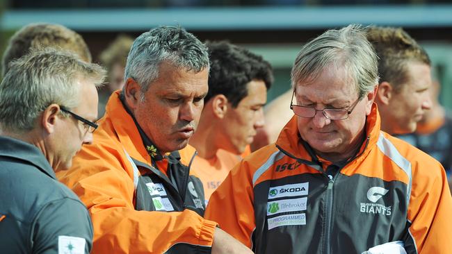 Kevin Sheedy works the magnet board with senior assistant coach Mark Williams.