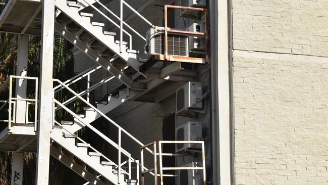 Visible rust on the fire exit stairs at the Rockhampton Plaza Hotel.