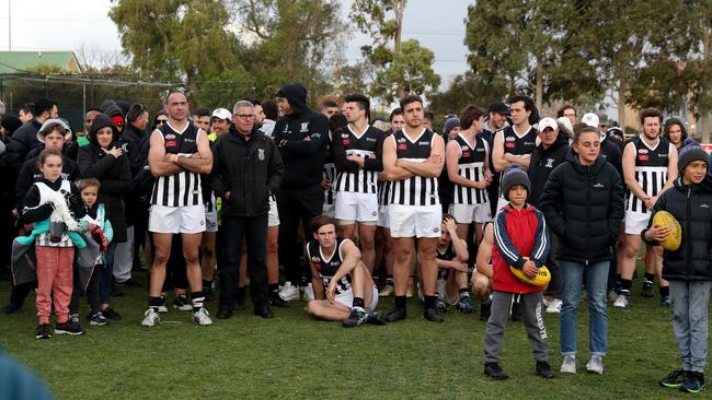 Shattered Moonee Valley players and supporters after last year’s grand final loss. Picture: Mark Dadswell