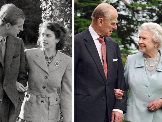 Queen Elizabeth II with husband Prince Philip Duke of Edinburgh as a young couple in the grounds of Broadlands, Hampshire in 1947 and again in 2007.