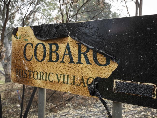 12/1/20: The burnt town sign as you enter Cobargo on the NSW south-east which has been badly affected by the recent bushfires. John Feder/The Australian.