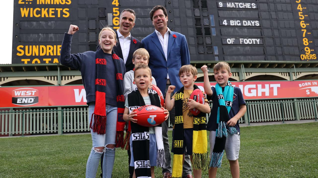 AFL CEO Gillon McLachlan and SA Premier Peter Malinauskas at Adelaide Oval on Friday. Picture: NCA NewsWire / David Mariuz