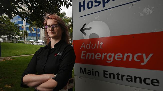 Danica Clayton the head of a private Facebook contact tracing group in Brisbane, in front of the Royal Brisbane and Womens Hospital. Picture: Lyndon Mechielsen