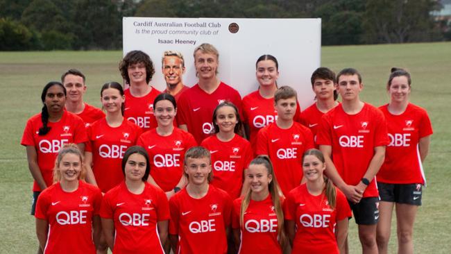 Cardiff has an impressive number of footballers in the Sydney Swans’ academy. Back row (L-R): Dylan Bonham, Lachlan McNamara, Max King, Eliza Schrume, Taj Barton, Jasminn Daymond. Middle: Nelita Sherrin-Bob, Holly Cooper, Danika Spamer, Caleb Isaac, Liam Bonham, Ryan Bonham. Front: Matisse Murray, Tameka Chambers, Blayne Chandler, Savannah Newton, Charlotte Day. Photo: Glenys Tranter.