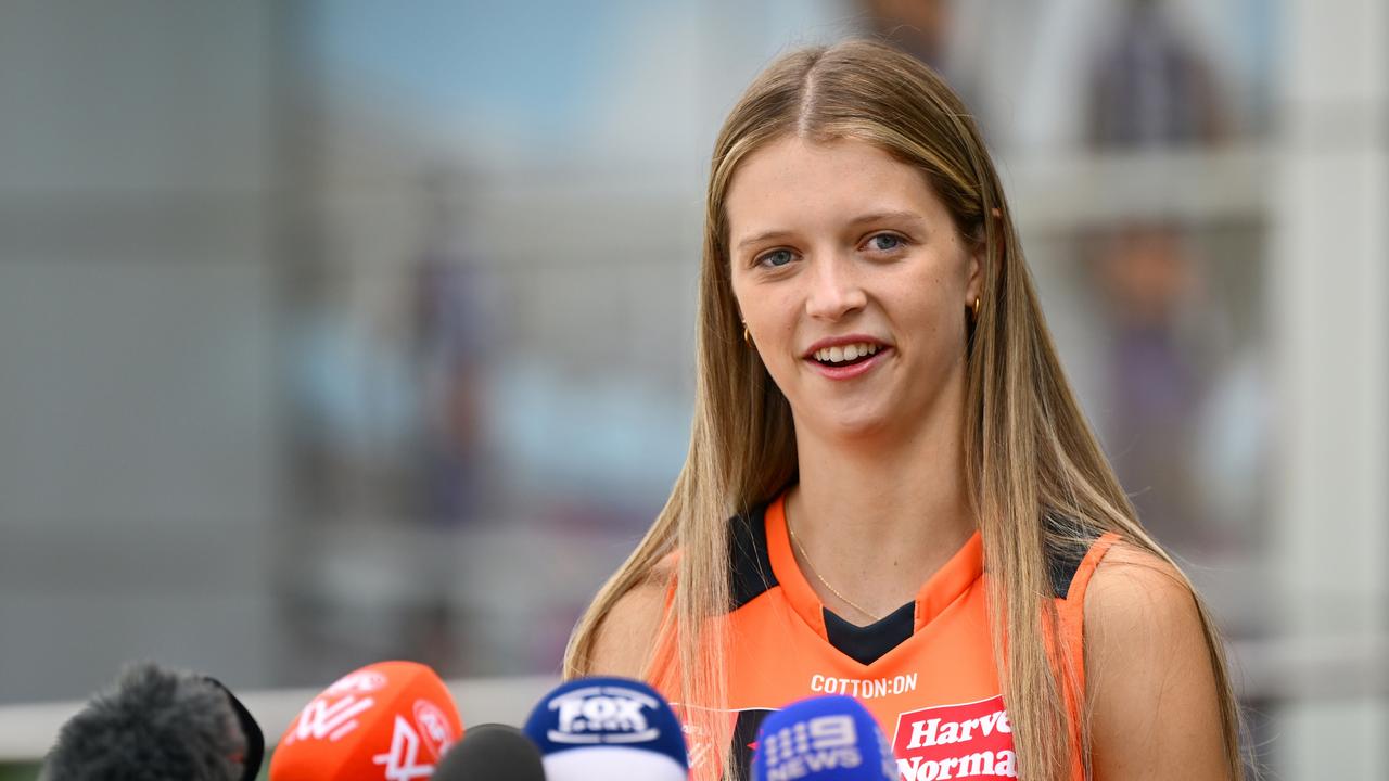 Sara Howley speaks to the media after being selected by GWS Giants in the AFLW national draft. Picture: Quinn Rooney/Getty Images.