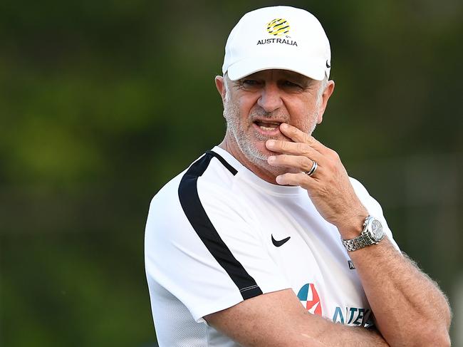 Head coach Graham Arnold looks on during an Australian Socceroos training session at Lions Stadium in Brisbane, Thursday, November 15, 2018. Australia will play against South Korea in a friendly on Saturday. (AAP Image/Albert Perez) NO ARCHIVING