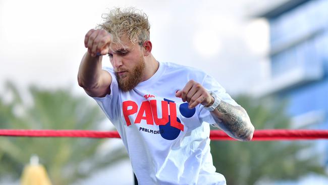 Jake Paul works out during a media workout at the Seminole Hard Rock Tampa pool prior to his December 18th fight against Tyron Woodley. Picture: Julio Aguilar/Getty Images/AFP