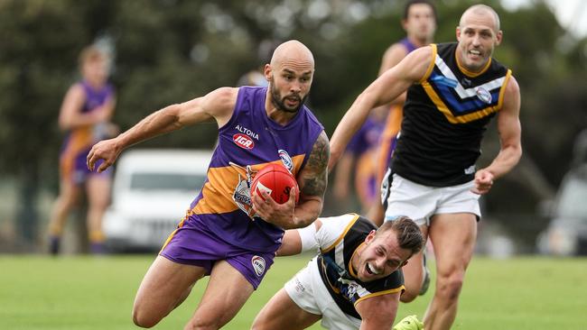 Altona champion Steve Kennedy on the burst against Caroline Springs. Picture: Local Legends Photography