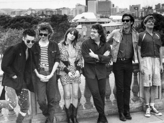 Some of the performers in the Australian Made rock festival concert to be held at Thebarton Oval on New Year's Day 1987, pose in Adelaide, 30 Dec 1986. (L-r) Jon Farriss from INXS, Sean Kelly from Models, Chrissie Amphlett of Divinyls, Chris Bailey of The Saints, David McComb of The Triffids and Andrew 'Greedy' Smith of Mental As Anything.