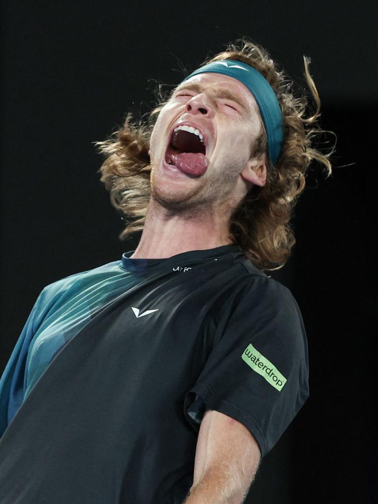 Rublev was pumped. Photo by Martin KEEP / AFP