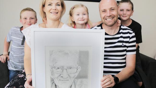 Nicholas Jones, Julie Jones, Emily Jones, Bryan Jones, Sam Jones from the Ponds with a portrait of her grandfather Jack Samuel Wrigley. Picture:WSLHD