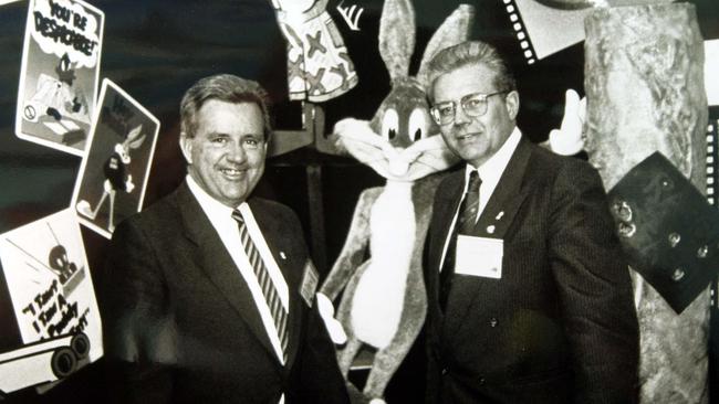 Peter Doggett with Minister for tourism David Simmonds and Peter Doggett at a pre-opening Movie world tour in 1991. Picture: Glenn Hampson.