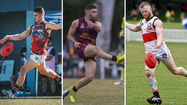 QAFL players Hugh Fidler (Wilston Grange), Tyler Cornish (Palm Beach Currumbin) and Brock Aston (Redland Victoria Point). Pictures: Highflyer Images and Brooke Sleep Media.