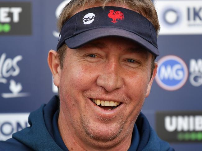 Sydney Roosters coach Trent Robinson speaks to the media during a press conference at Roosters Headquarters in Sydney, Friday, August 23, 2019. Trent Robinson says understudy Adam O'Brien wants to take the top job at Newcastle and believes he's good enough for the role. (AAP Image/Dean Lewins) NO ARCHIVING