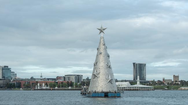 Geelong's floating Christmas tree arrives at Geelongs Waterfront ahead of the festive season. Picture: Brad Fleet