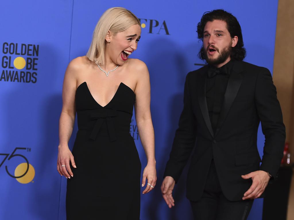 Emilia Clarke and Kit Harington appear in the press room at the 75th annual Golden Globe Awards. Picture: AP