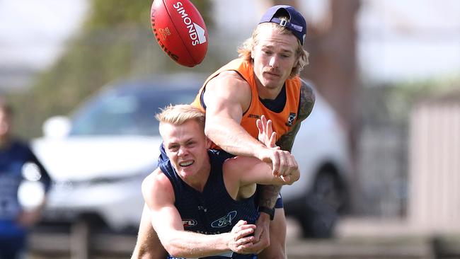 Tom Stewart spoils teammate Zach Guthrie during the pre-season. Picture: Peter Ristevski